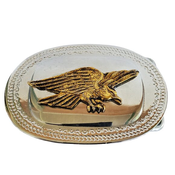 Belt Buckle Bald Eagle Silver Tone with Gold Metal Applique  2" x 3" - Picture 1 of 6